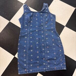 Vintage 90s Decked Out Cotton Denim Dress Floral Embroidered Cottagecore M/L